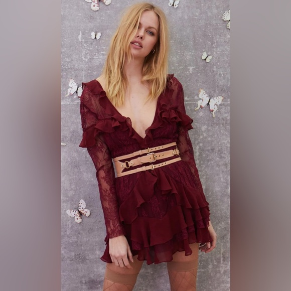 For Love & Lemons Daphne Lace Mini Dress in Bordeaux Small - Picture 3 of 11